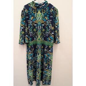 Susan Graver Women’s Paisley Midi Dress XL Blue Green Boho Mock Neck